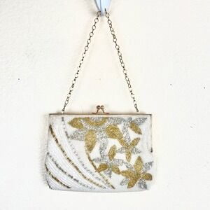 Vintage 50s Hand Beaded Evening Bag Floral Gold Silver White Fairy Prom Formal